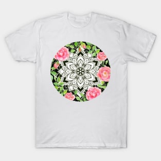 Peach Pink Roses and Mandalas on Black and White Lace T-Shirt